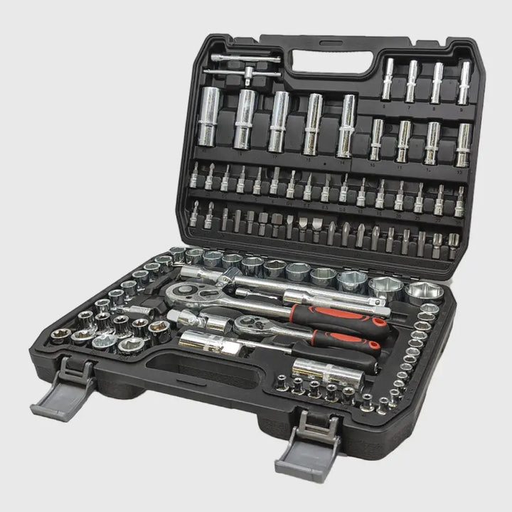 Umfassendes 108-teiliges Steckschlüsselset mit Ratschen und Torx-Nüssen aus robustem Chrom-Vanadium-Stahl.