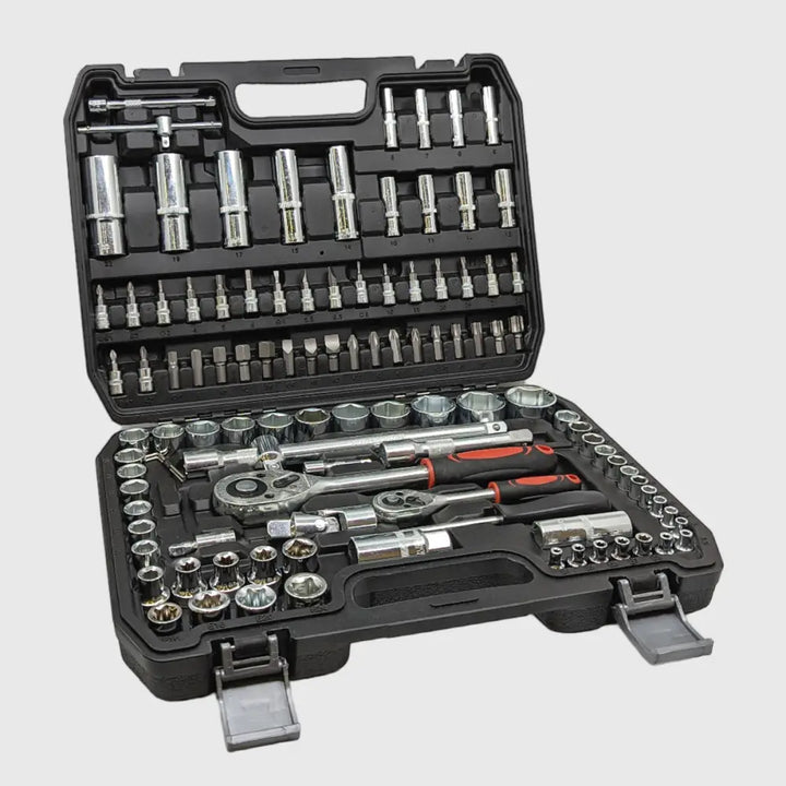 Professionelles KFZ-Werkzeugset: 108-teiliges Chrom-Vanadium Ratschen- und Steckschlüsselset für Reparaturen.