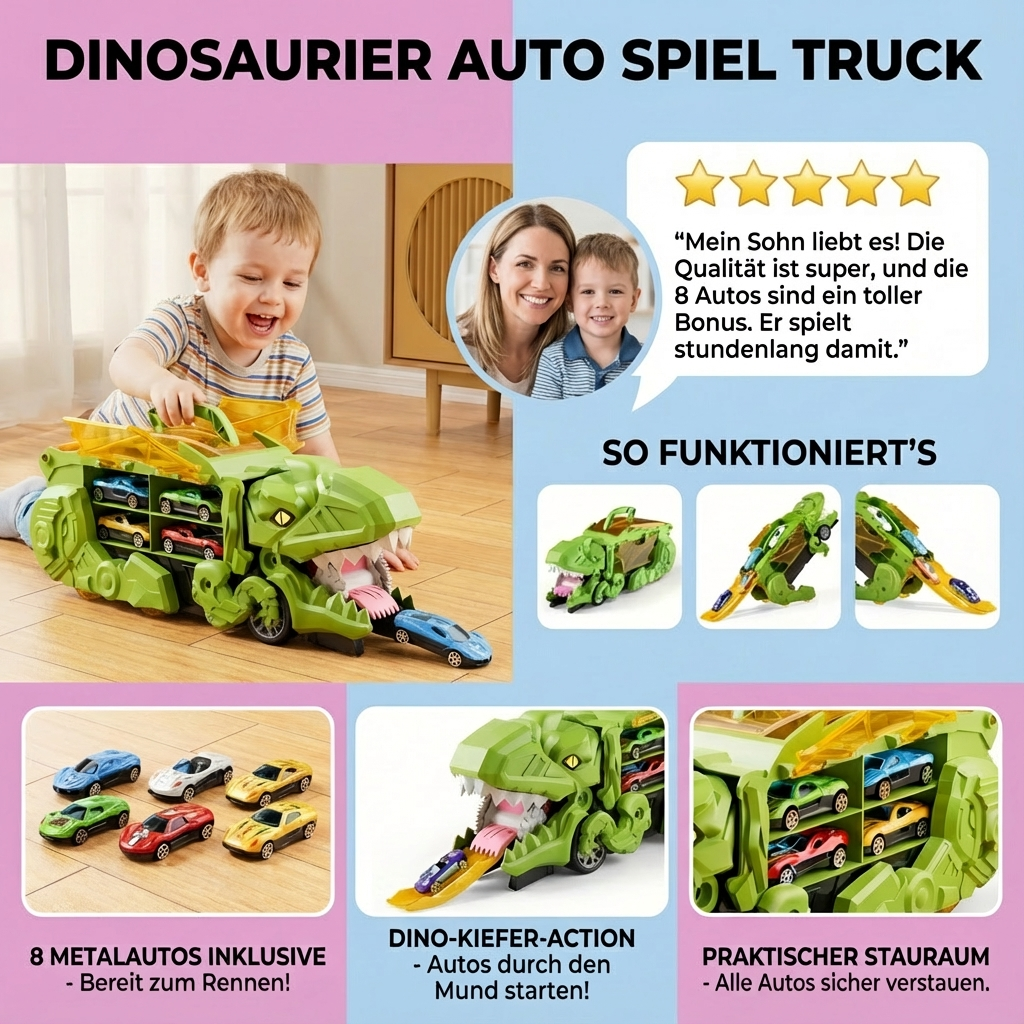 Dynamischer Dinosaurier Auto Truck, ein Abenteuer Spielzeug für Kinder & Jungen. Mit coolen Transformationen.