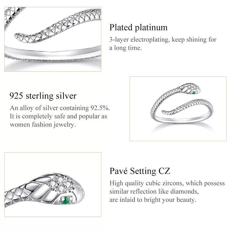 Zeitloser Damen Schlangenring aus Sterlingsilber, mit funkelnden Zirkonen kunstvoll besetzt.