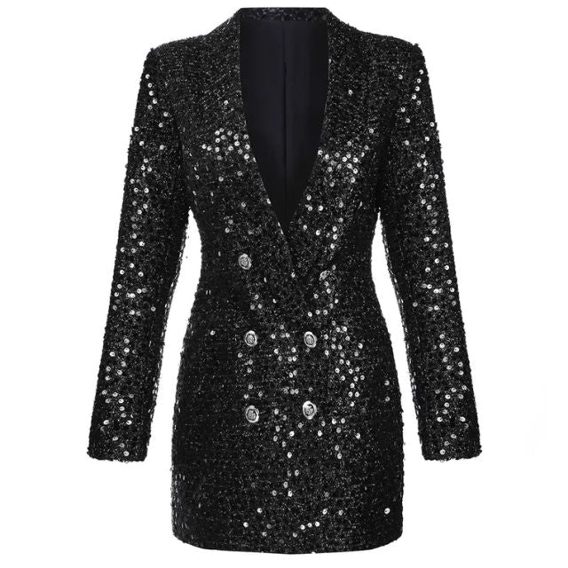 Figurbetonter schwarzer Damen Jumpsuit mit schimmernden Pailletten und edlem Blazer-Design.