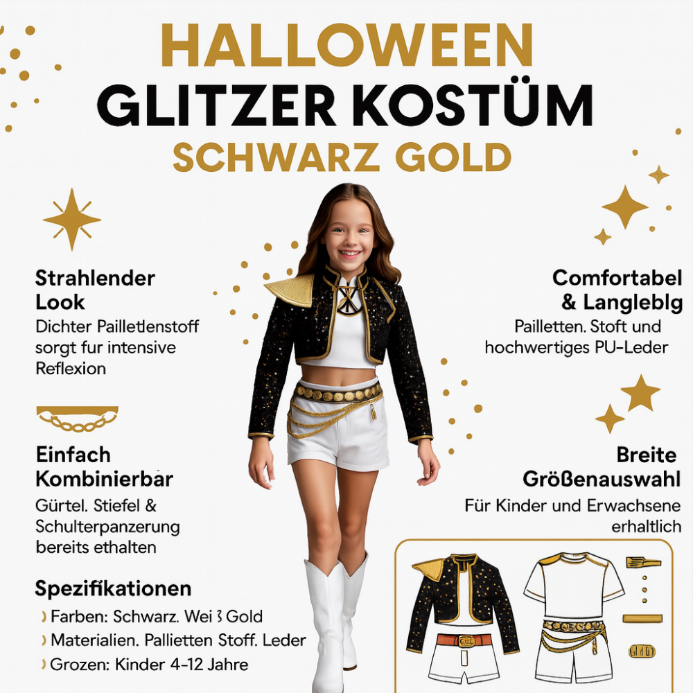 Bühnenreifes Pailletten Showkostüm für Kinder, mit Glitzerakzenten, unisex.