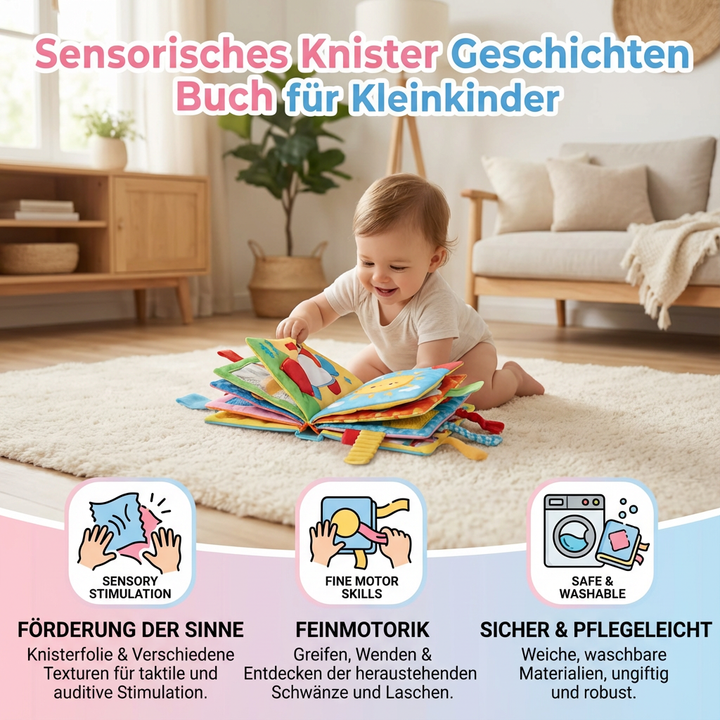 Weiches Stoffbuch mit Knistereffekten für Babys. Entdecken & Lernen mit sensorischem Spielzeug.