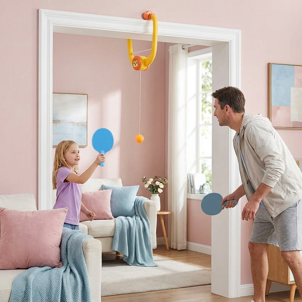 Grün-gelbes Familien Türrahmen Ping Pong Spielset mit Netz, Schlägern, Bällen für sofortigen Indoor-Tischtennis-Spaß.