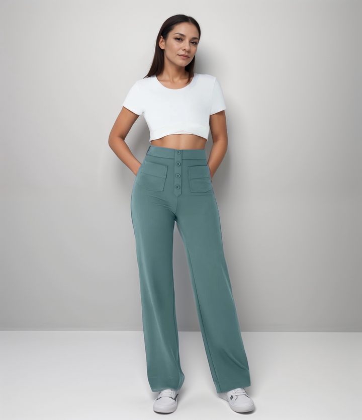 High Waist Damen Hose mit weitem Bein, dehnbar & bequem, mit figurschmeichelndem Effekt.