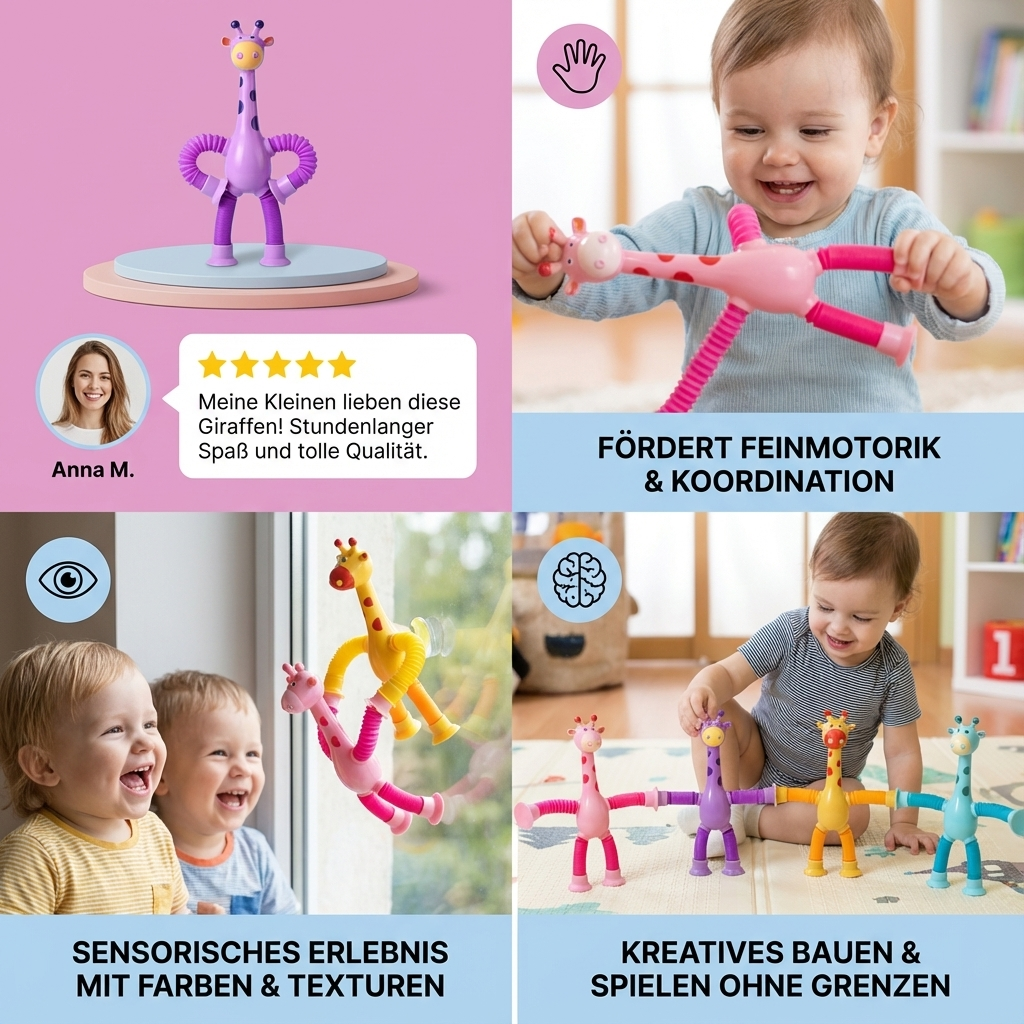 Buntes sensorisches Giraffen-Babyspielzeug mit Saugnapf, ideal zur Entwicklungsförderung.