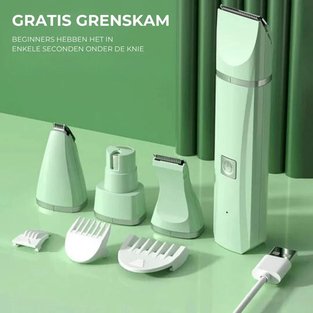 Effizientes Haustier-Grooming: 4-in-1 Akkutrimmer für Fell-, Pfoten- & Krallenpflege von Hunden.