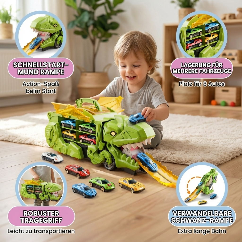 Leuchtender LED Dinosaurier Spielzeug Truck, verwandelt sich in ein Auto. Das perfekte Abenteuer Spielzeug für Kinder.