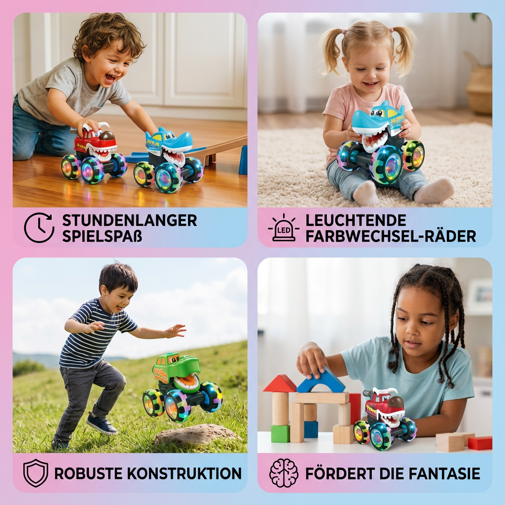 Nahaufnahme eines leuchtenden Monster Truck Spielautos, bereit für spannende Rennen und Kinderspielspaß.
