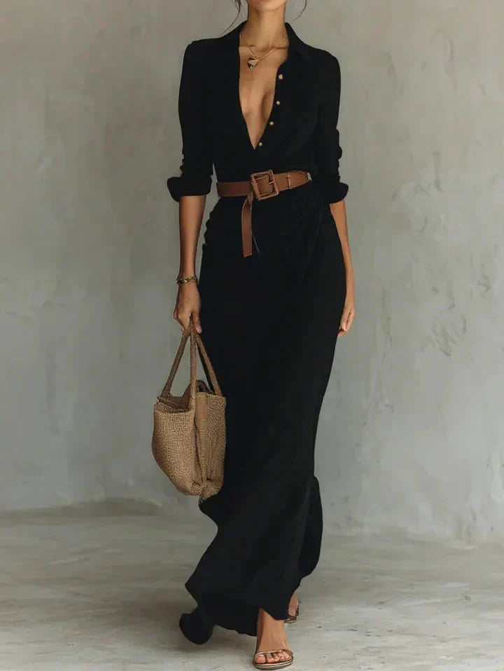 Feminines Damen Maxikleid mit fließendem Schnitt und Taillengürtel. Ideal als Sommer- oder Urlaubskleid, Casual Chic.