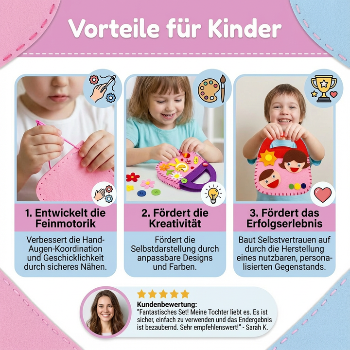 Kinderbastelset: Einfaches Filztaschen DIY-Set zum Selbernähen. Perfekte Geschenkidee für kreative Handarbeit.