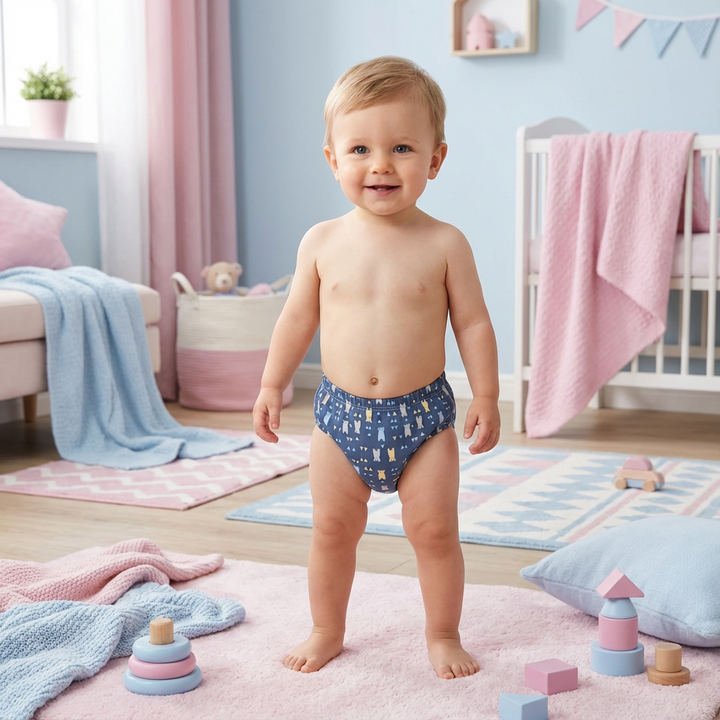 Baby Trainingshose aus Stoff, ideal fürs Töpfchentraining, saugstark & atmungsaktiv.