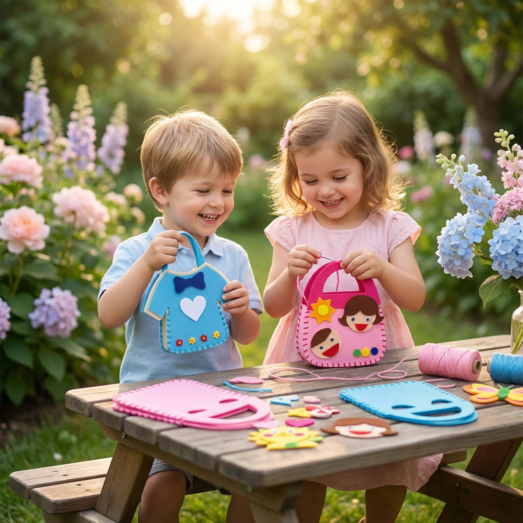 Buntes Filztaschen Bastelset für Kinder. DIY-Nähset zur Förderung von Kreativität und Feinmotorik beim Nähen.