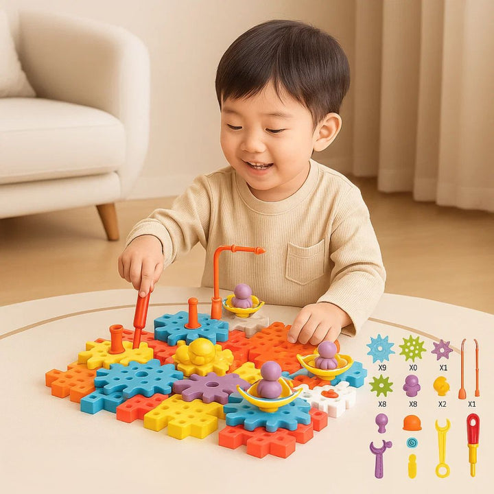 Pädagogisches Montessori Zahnrad & Puzzle Spielzeug für Kinder. 3D Bausteine zum Bauen & Lernen.