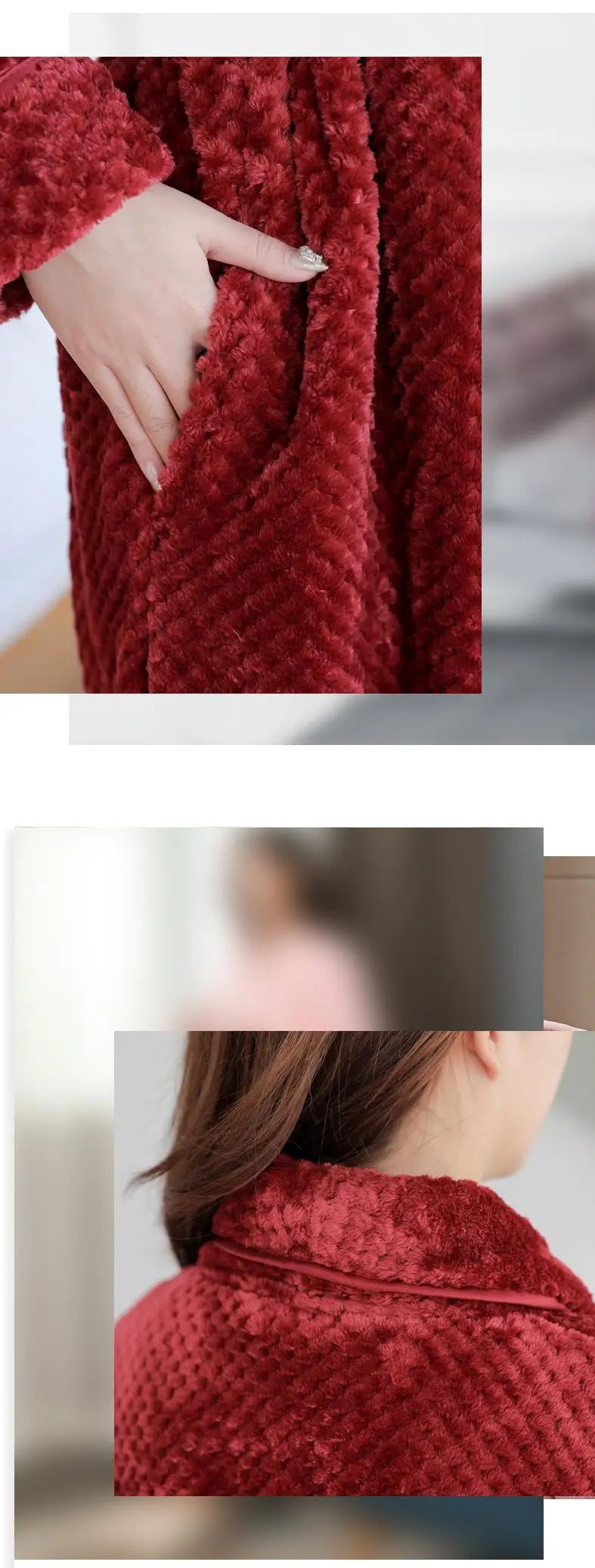 Wärmender Bademantel: Detail eines wärmenden, weichen Damen Bademantels mit tiefen Taschen.