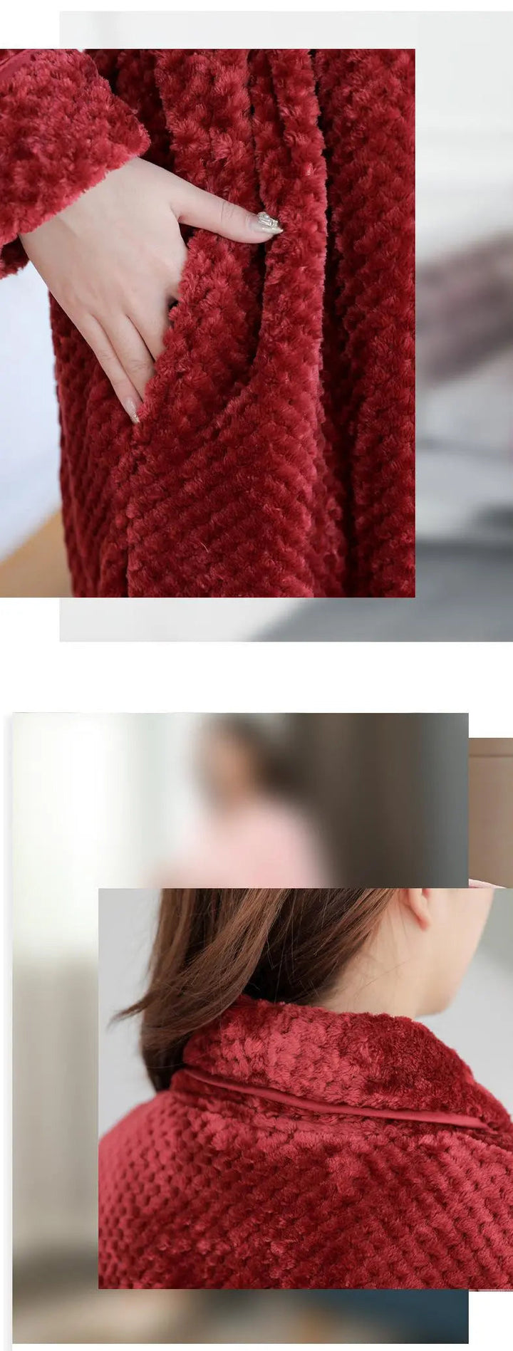 Wärmender Bademantel: Detail eines wärmenden, weichen Damen Bademantels mit tiefen Taschen.
