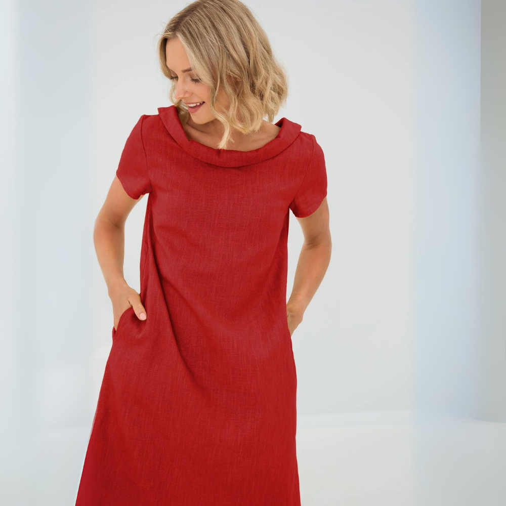 Luftiges Damen Midikleid für Sommeroutfits, elegantes Design mit Taschen und Halbkragen, ideal für den Alltag.