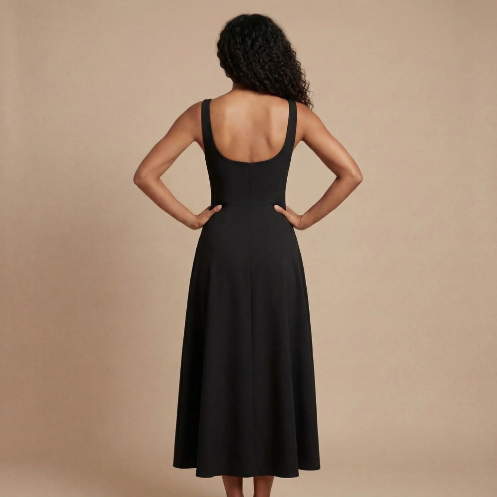 Rotes elegantes Damen Midikleid mit Karree-Ausschnitt. Festliches Cocktailkleid, ideal als Hochzeitsgast.