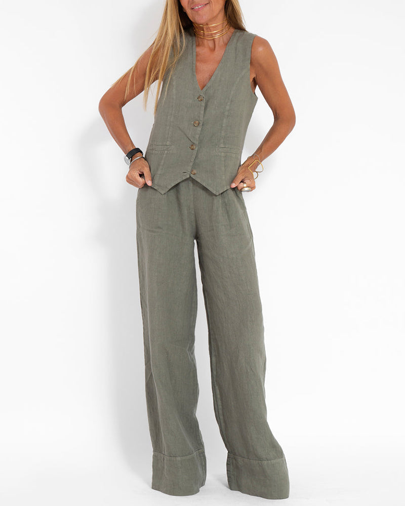 2-teiliges Damen Herbst Set: Weite Hose mit hoher Taille & schicke Knopfweste.
