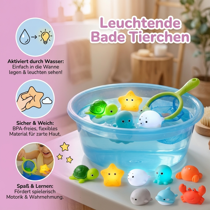 Nahaufnahme eines leuchtenden Bade-Tierchens; wasserfestes Schwimmspielzeug, sensorisch, perfekt für Baby Badespaß.
