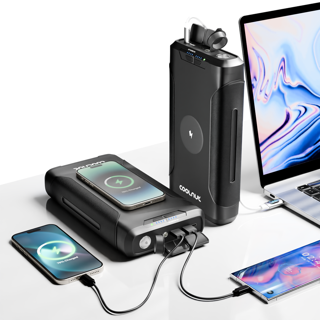 Tragbares Ladegerät mit LCD-Anzeige für Akkustand und Leistung, 222 Wh Kapazität.