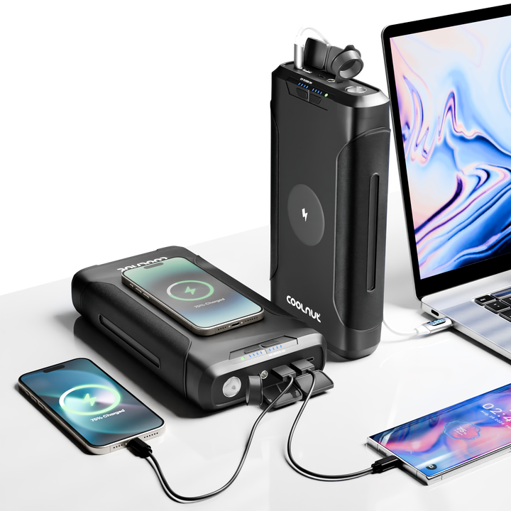 Tragbares Ladegerät mit LCD-Anzeige für Akkustand und Leistung, 222 Wh Kapazität.