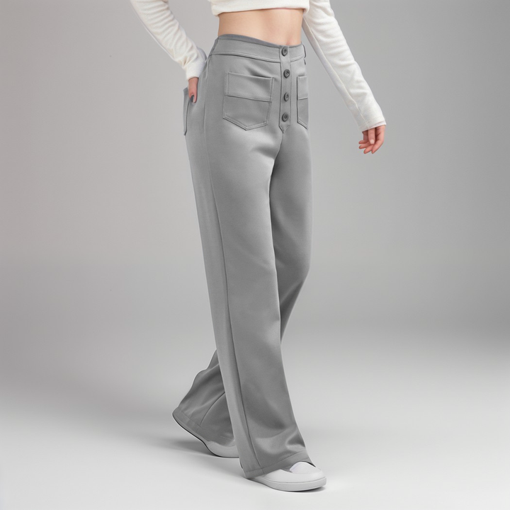 Elegante Damen High Waist Hose, weites Bein, elastisch und formend. Ideal für Business & Freizeit.