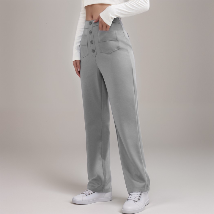 Trendige Damenhose, hohe Taille, weites Bein, Stretchmaterial, sehr bequem und vielseitig.