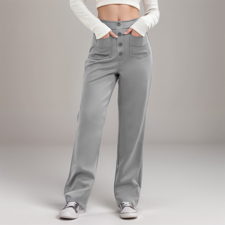 Vielseitige Damen Stretchhose, hohe Taille, weites Bein, formend, für eleganten oder legeren Stil.