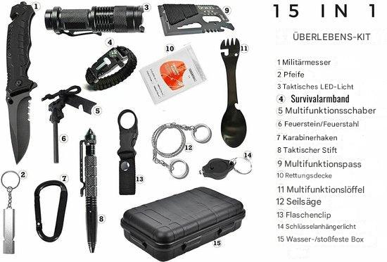 Umfassendes Survival Notfallset mit Taschenlampe, Erste-Hilfe & Multifunktionswerkzeug. Bereit für jedes Abenteuer.