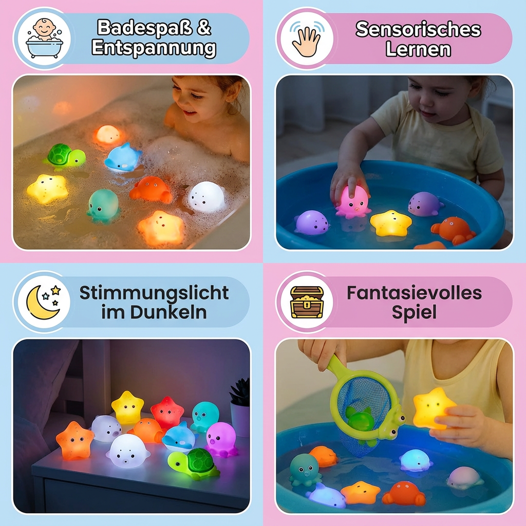 Bunte, leuchtende Bade-Tierchen im Set; schwimmfähiges Wasserspielzeug für Baby und Kleinkind, fördert sensorische Entwicklung.
