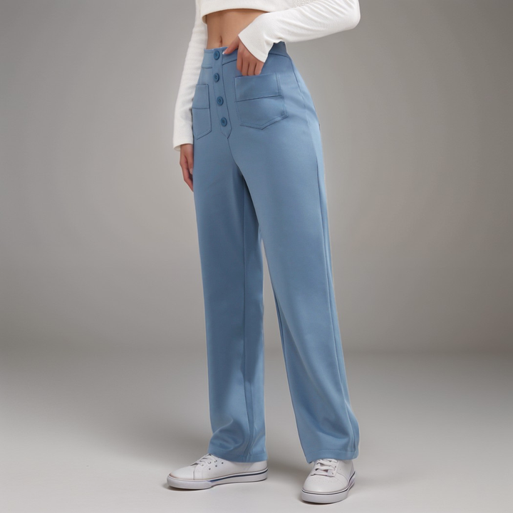 Alltagstaugliche Damen High Waist Hose, weites Bein, elastisch & formend, mit praktischen Taschen.