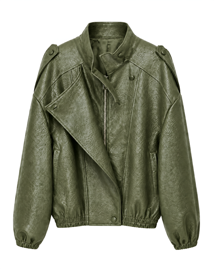 Oversized Damen Bikerjacke, kurz geschnitten. Die stylische Übergangsjacke mit Reverskragen für jeden Look.