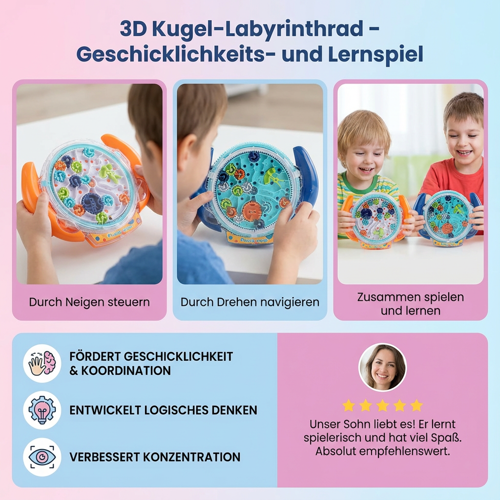 Nahaufnahme: Hände spielen mit dem interaktiven 3D Kugel-Labyrinthrad, verbessern Geschicklichkeit & Fokus.