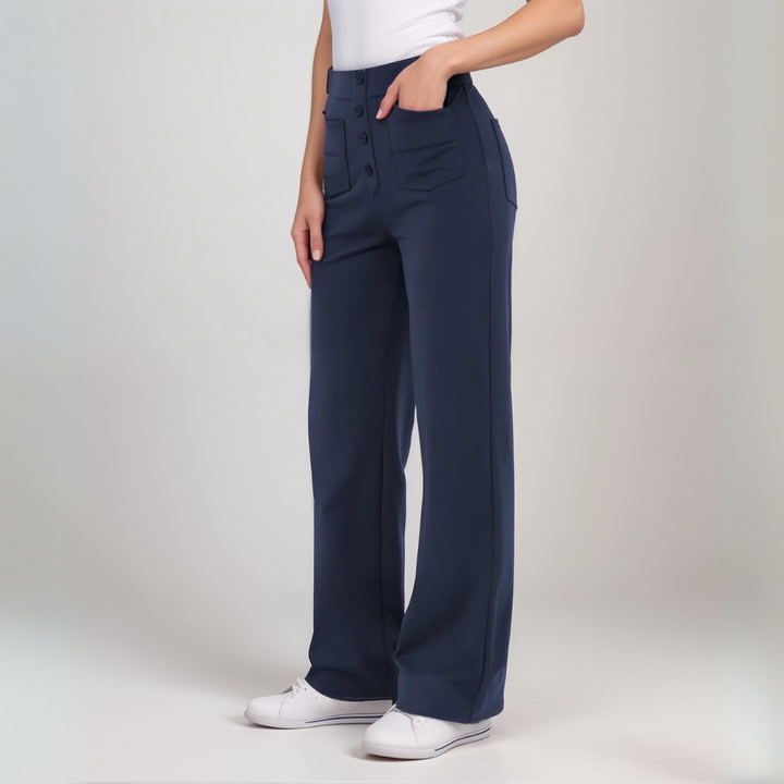 Moderne Damenhose mit hoher Taille, weitem Bein, elastischem Material, sehr bequem & formend.