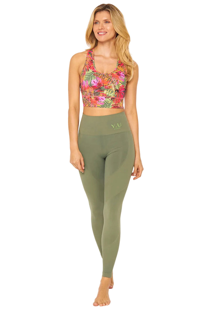Damen Workout Leggings nahtlos, mit hohem Bund & Shaping-Effekt, in Grün. Ideal für jede Sportart.