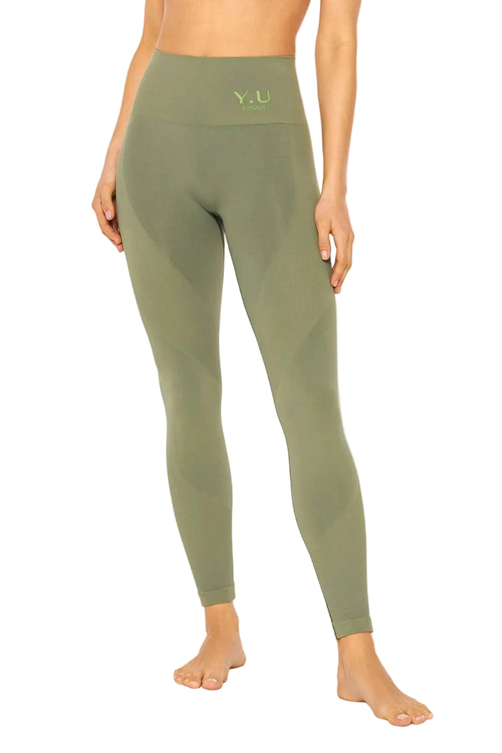 Damen Yoga-Leggings, nahtlos, hoher Bund, Shaping-Effekt, in Grün. Perfekt für Fitness & Pilates.