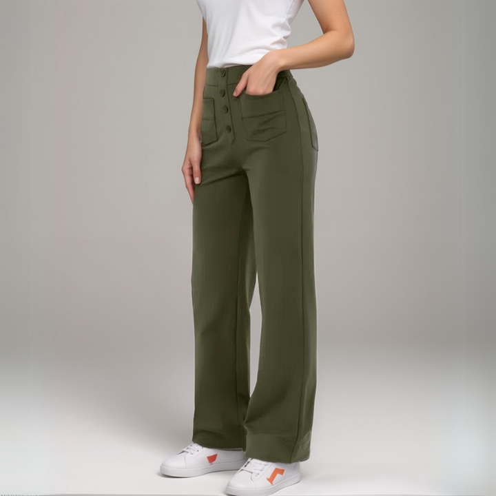 Perfekte Damen High Waist Hose, weites Bein, elastisch, formt & bietet hohen Tragekomfort.