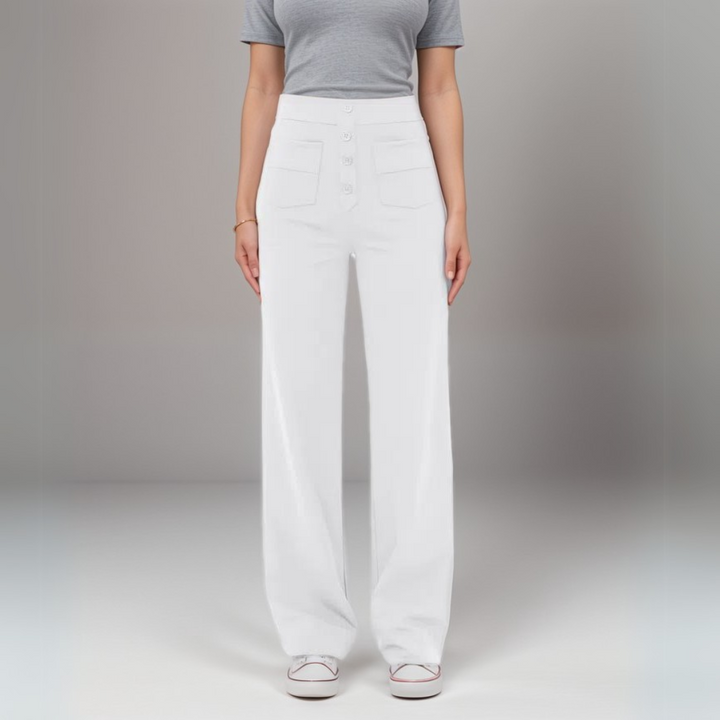 Damenmode: High Waist Hose mit weitem Bein, dehnbar, formend & elegant. Perfekt für jeden Anlass.