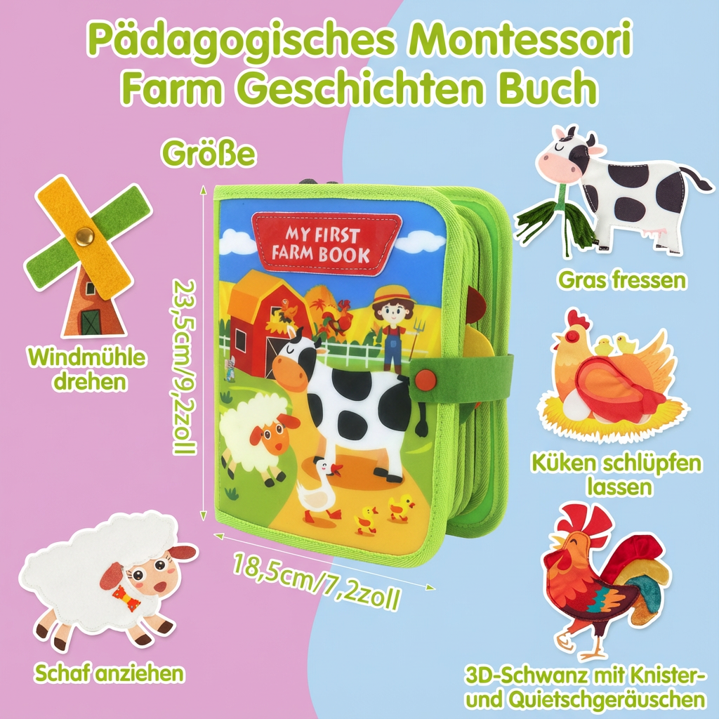 Pädagogisches Montessori Buch zum Kennenlernen von Bauernhoftieren und Erzählen; fördert Sprach- und kognitive Fähigkeiten.