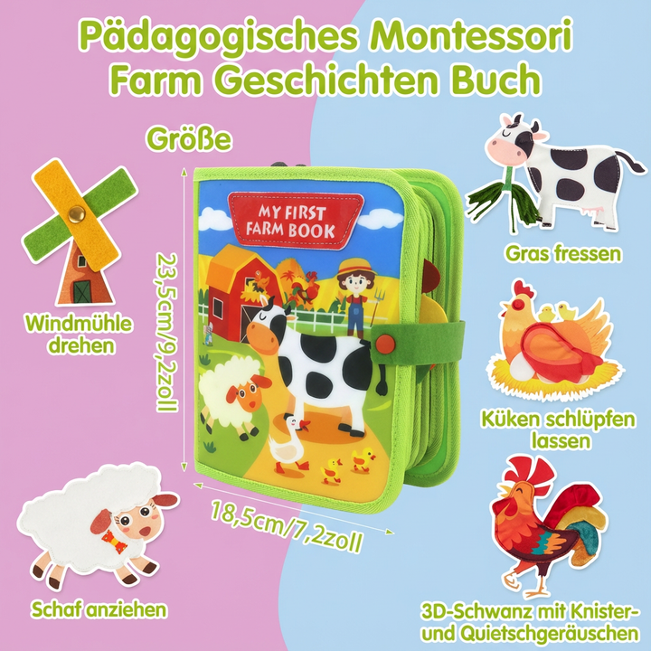 Pädagogisches Montessori Buch zum Kennenlernen von Bauernhoftieren und Erzählen; fördert Sprach- und kognitive Fähigkeiten.