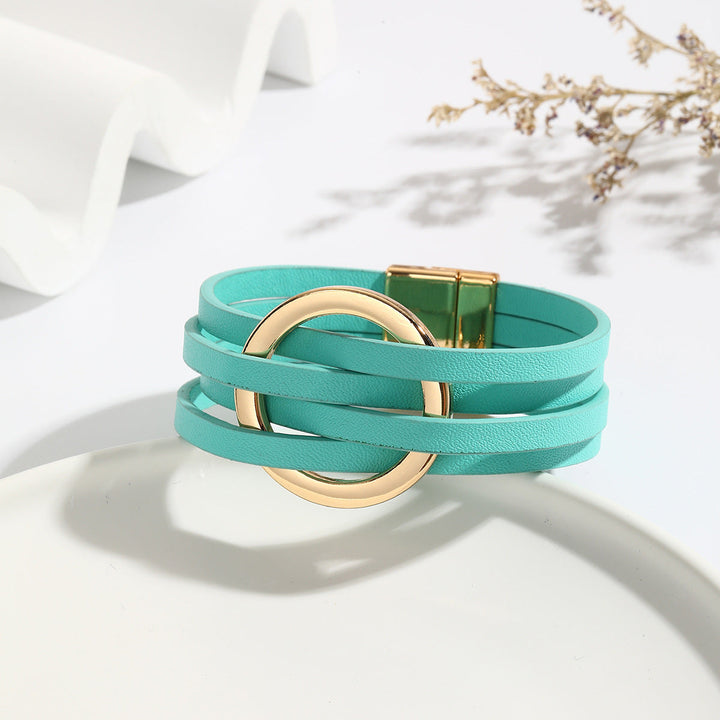 Schickes Lederarmband für Frauen mit Doppelkreis-Motiv, in verschiedenen Farben wie Grün und Blau, Modeschmuck.