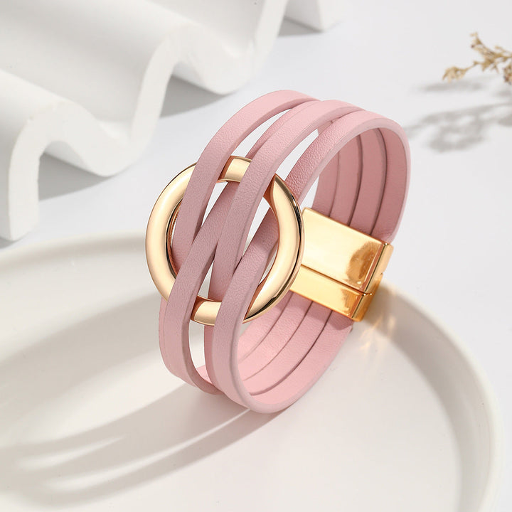 Böhmisches Lederarmband mit Doppelkreis-Design für Damen, farbenfroher Boho-Schmuck mit Magnetverschluss.