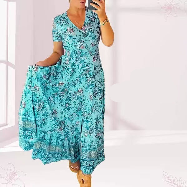 Bequemes Damenkleid mit V-Ausschnitt, ideal für einen komfortablen Sommerlook.