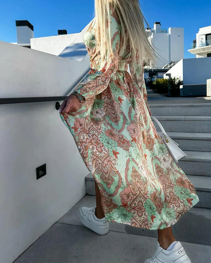 Vielseitiges Damen Sommerkleid: Bedrucktes Midikleid A-Linie mit V-Ausschnitt und Schlitz, bequem & stilvoll.