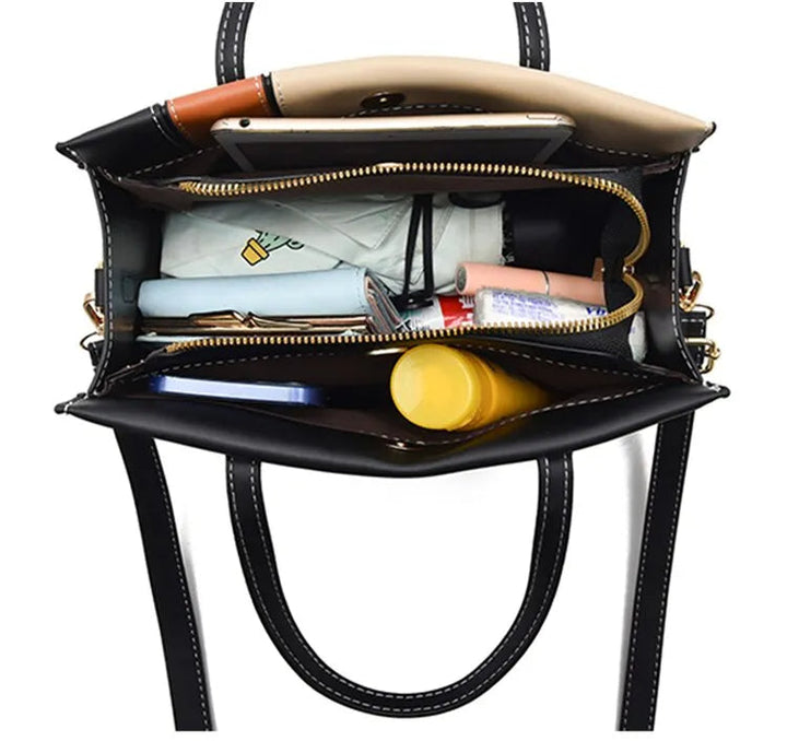 Praktische Patchwork Crossbody-Tasche für Damen. Stilvoll, vielseitig und farbenfroh in Grün, Rot, Rosa.
