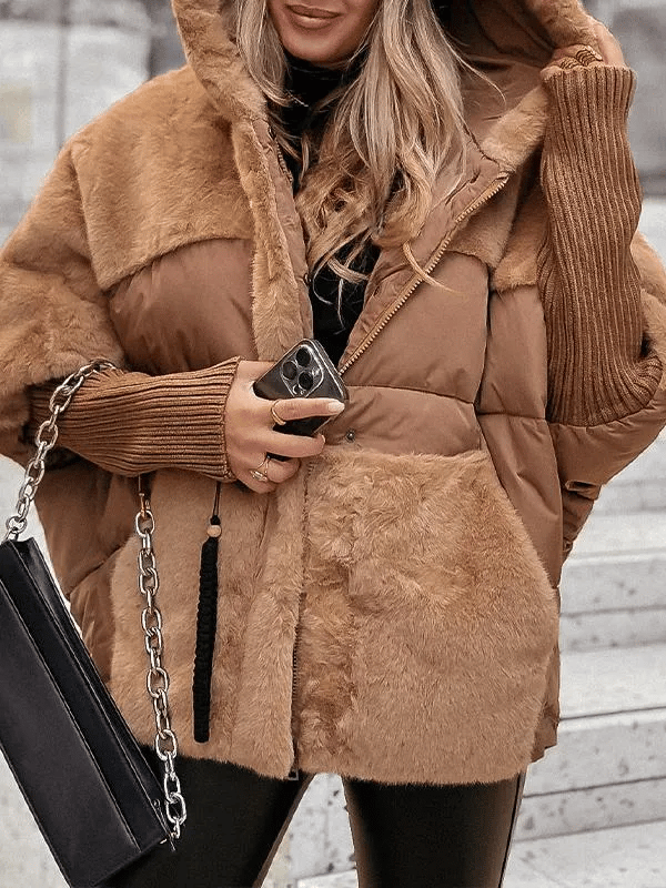 Warme Damen Winterjacke, gefütterte Steppjacke mit Fell-Details, ideal für kalte Tage und Outdoor.