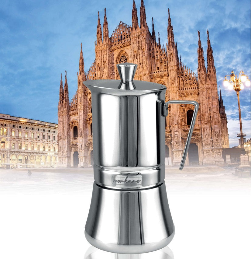 Hochwertiger Edelstahl Induktions-Espressokocher für alle Herdarten. Ideal für traditionellen Moka & starken Kaffee.