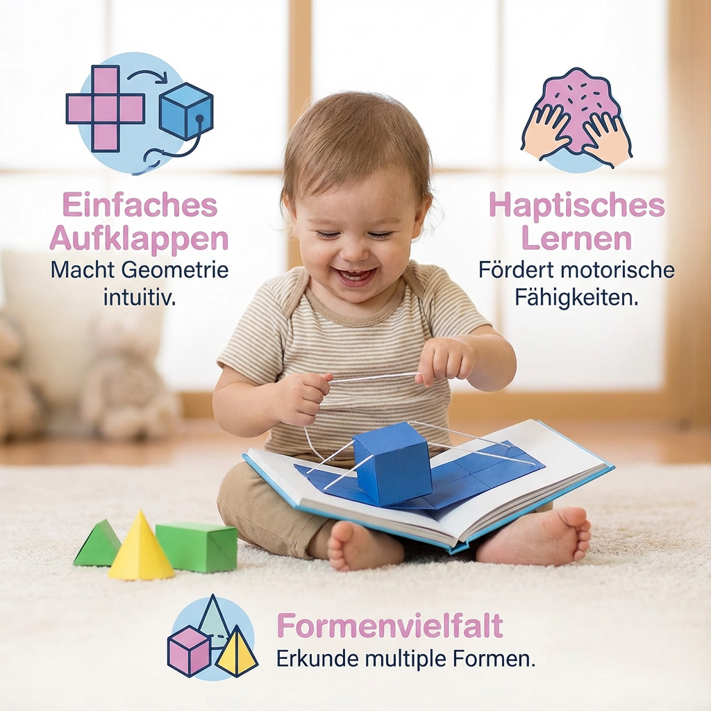 Mädchen lernt spielerisch Geometrie mit dem Kinderbuch; konzentriert Formen entdecken. Bildung für Grundschüler.
