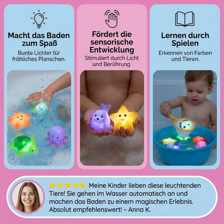 Glückliches Kind spielt mit leuchtenden Bade-Tierchen in der Badewanne; sicheres Kinderspielzeug für unterhaltsamen Badespaß.